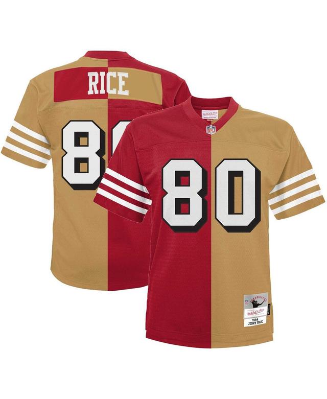 Mens Mitchell & Ness Jerry Rice Scarlet/Gold San Francisco 49ers Big & Tall Split Legacy Retired Player Replica Jersey Product Image