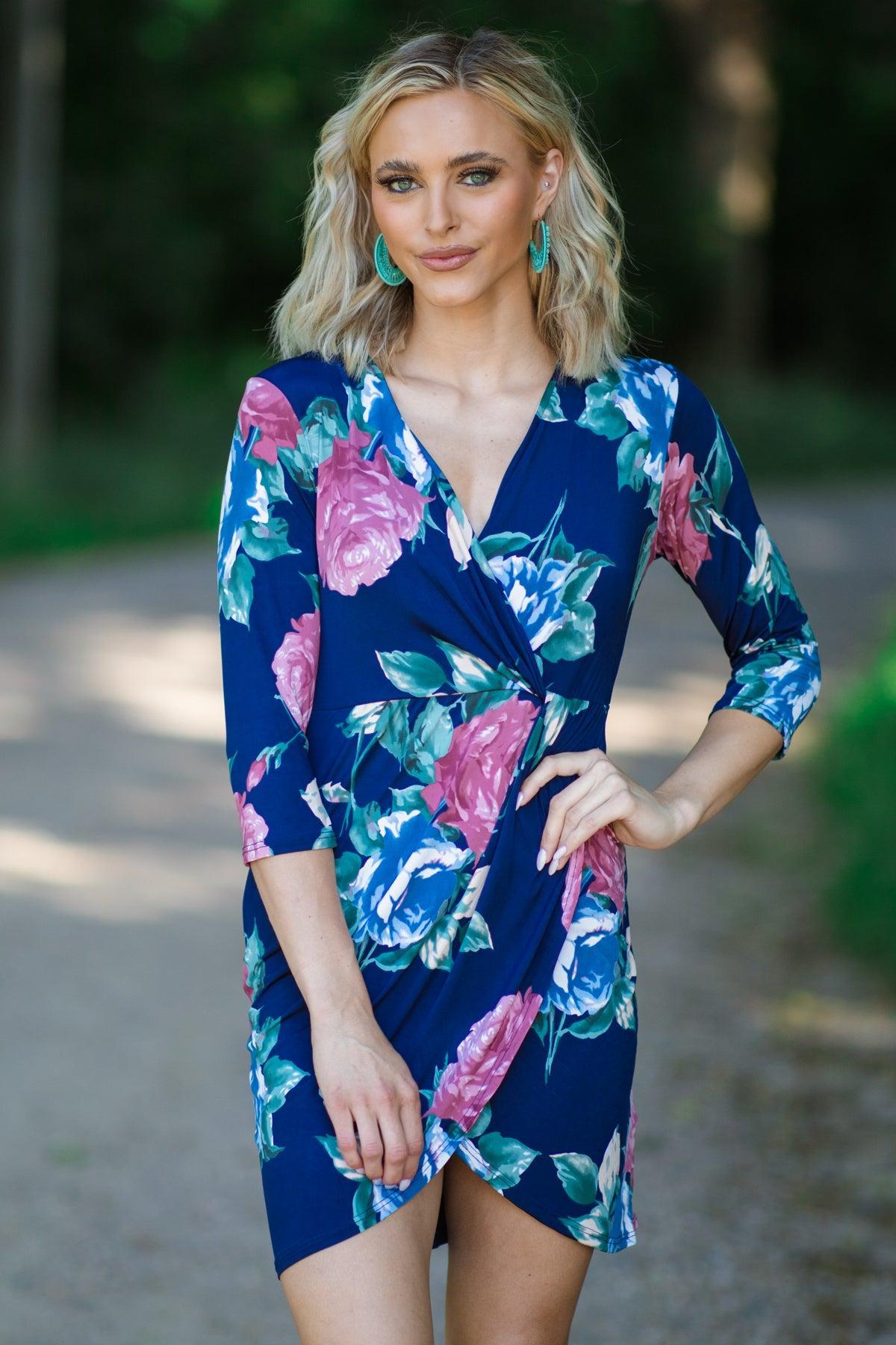 Navy and Dusty Rose Floral Print Dress Product Image