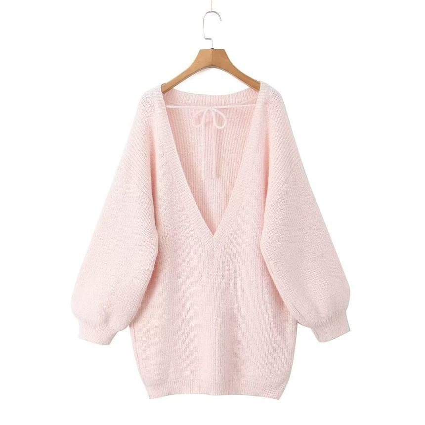 Long-Sleeve V-Neck Plain Sweater Product Image