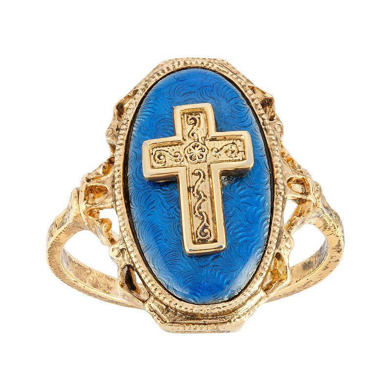 1928 Gold Tone Cross Blue Enamel Oval Ring - Size 8, Womens Product Image