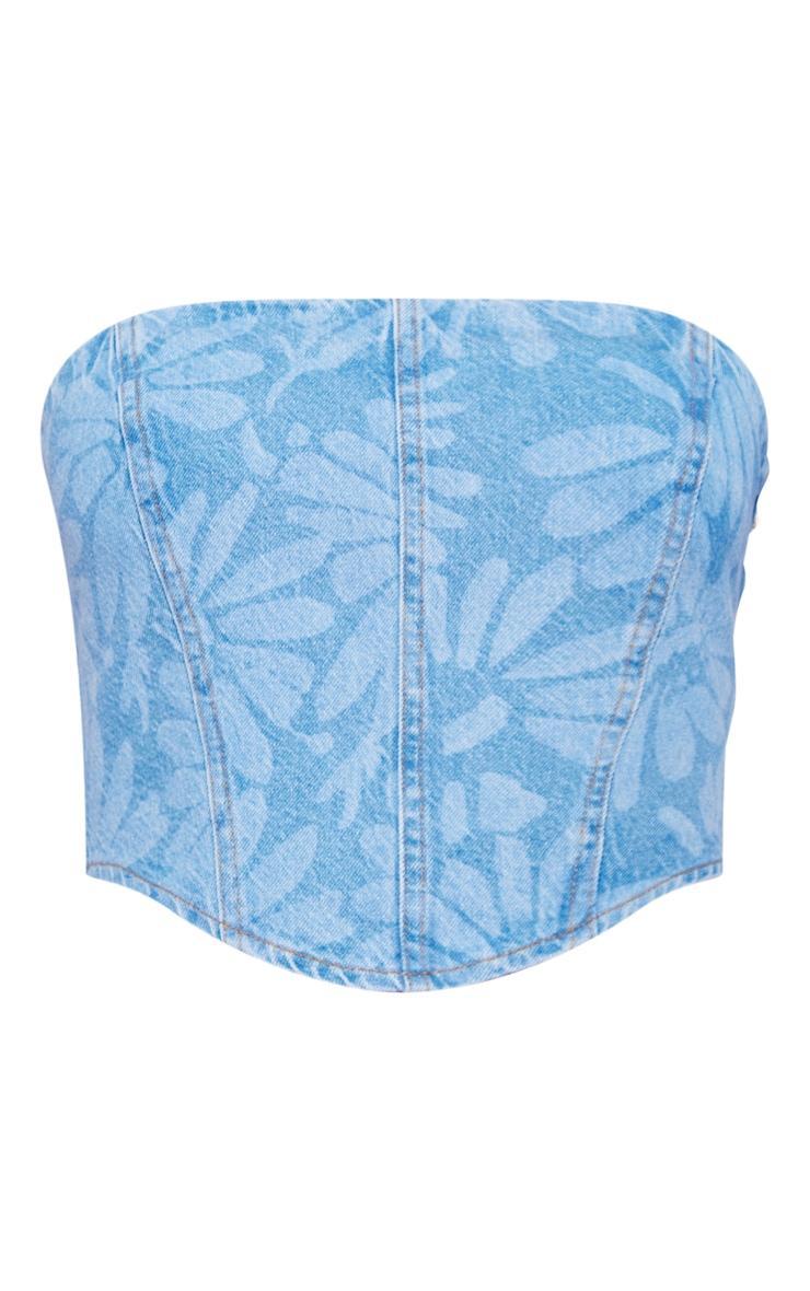 Light Blue Flower Print Dipped Hem Denim Corset Product Image