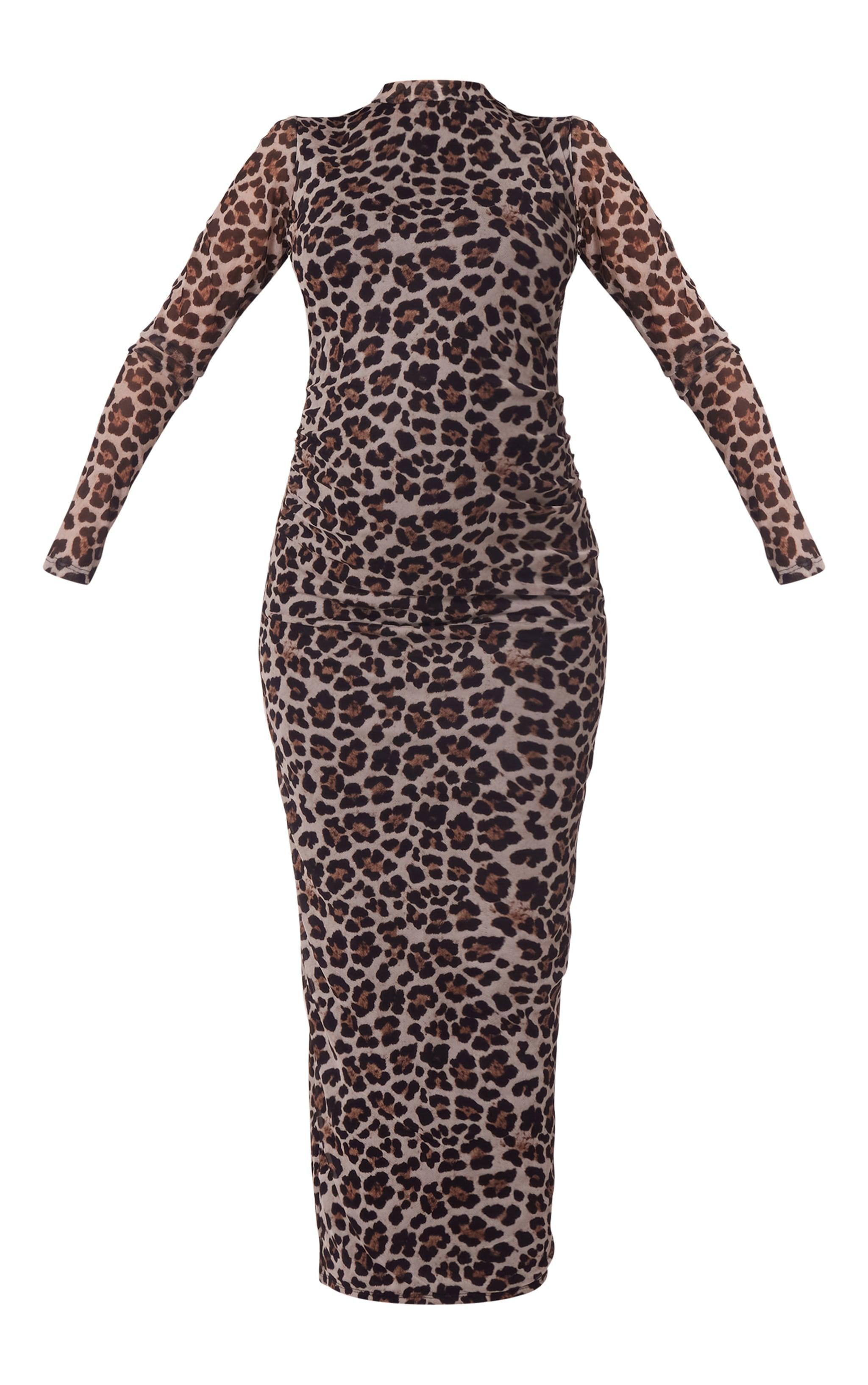 Maternity Leopard Print Mesh Long Sleeve Maxi Dress Product Image