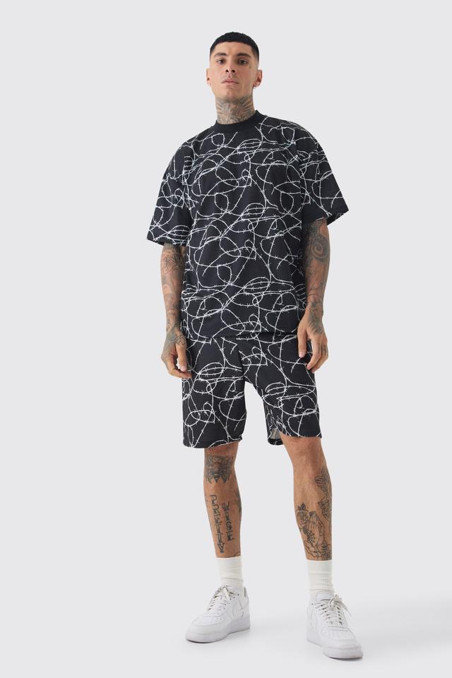 Tall Oversized Extended Neck Barbwire T-shirt & Short Set | boohooMAN USA Product Image