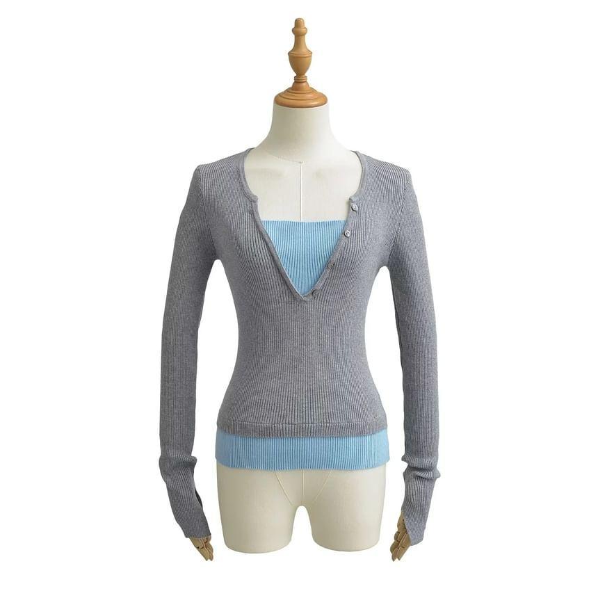 Mock Two-Piece Long-Sleeve Henley Two Tone Ribbed Knit Top Product Image