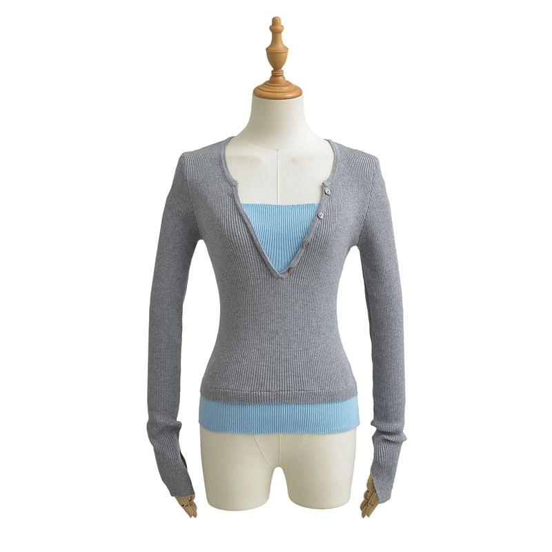 Mock Two-Piece Long-Sleeve V-Neck Two Tone Knit Top Product Image