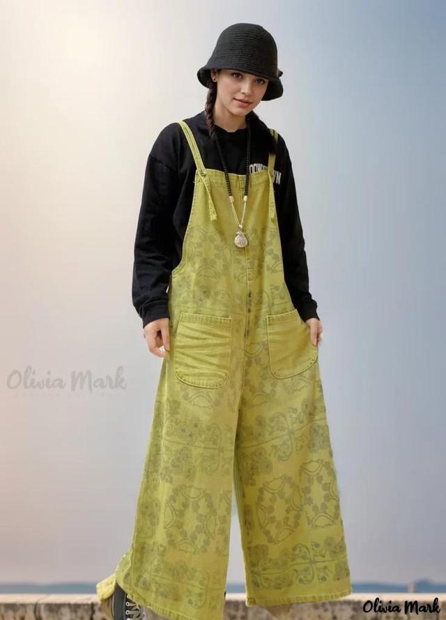 Olivia Mark – Retro Wide-Leg Denim Overalls for Casual Wear – Loose-fit, Washed, Nine-Quarter Length Pants Product Image