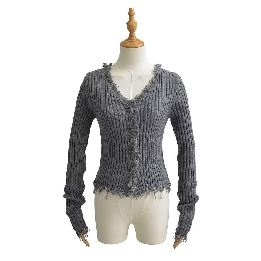 Long Sleeve V-Neck Plain Ribbed-Knit Tassel Slim-Fit Cardigan Product Image