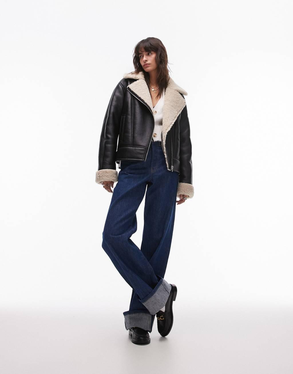 Topshop shearling aviator jacket in black and cream Product Image