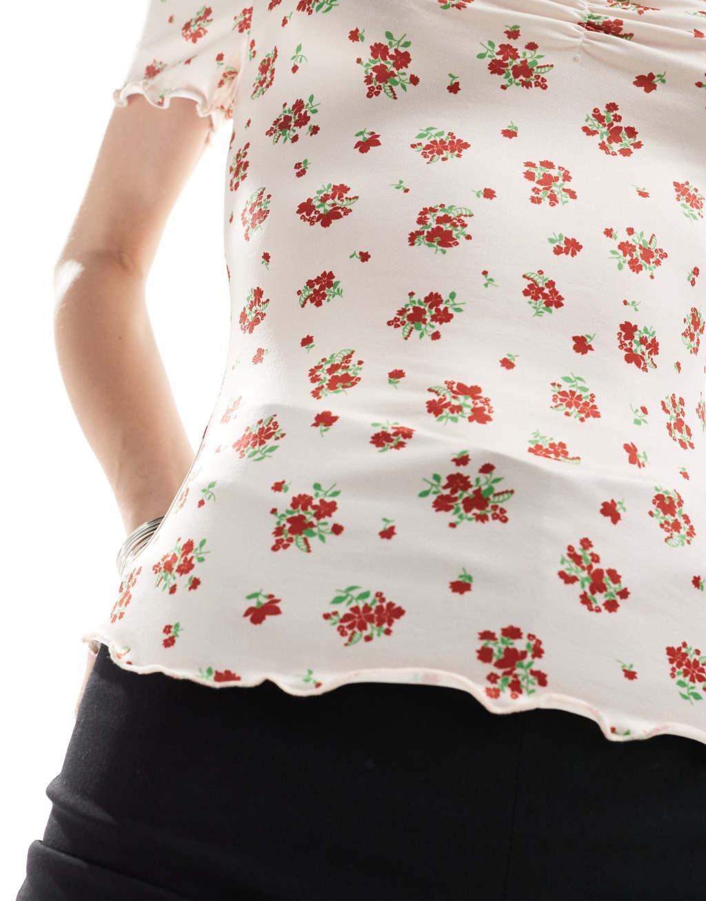 Monki off shoulder top with lettuce edge and ruched sweetheart front in pink and red ditsy print Product Image