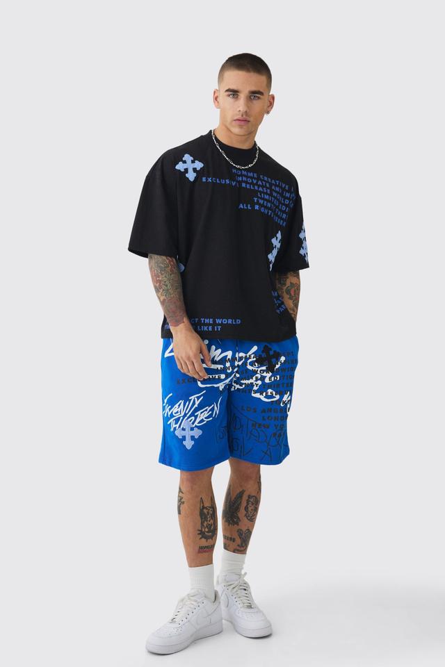 Oversized Boxy Half Sleeve Cross Applique T-shirt & Short Set | boohooMAN USA Product Image