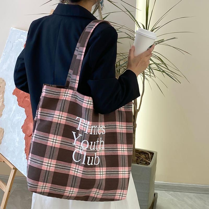 Plaid Lettering Embroidered Tote Bag Product Image