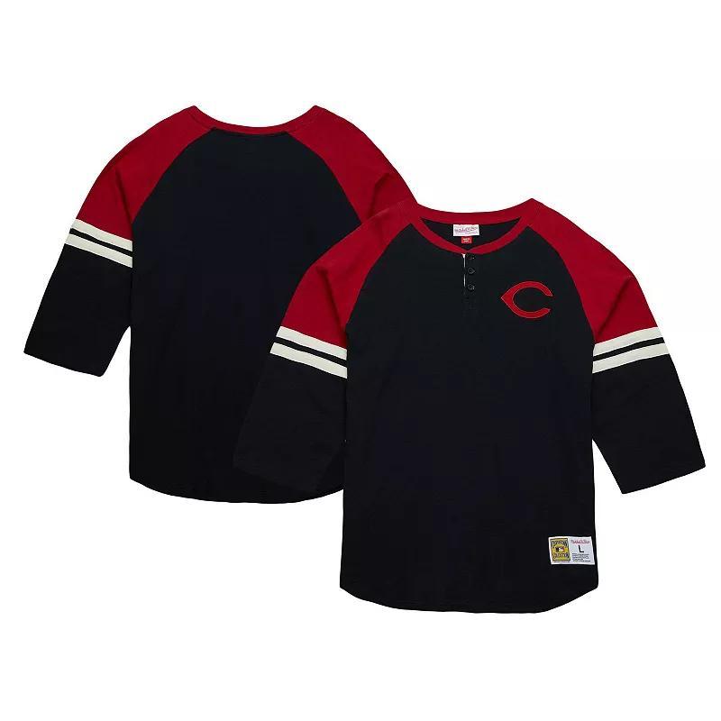 Mens Mitchell & Ness Black Cincinnati Reds Cooperstown Collection Legendary Raglan Slub Henley Three-Quarter Sleeve T-Shirt Product Image