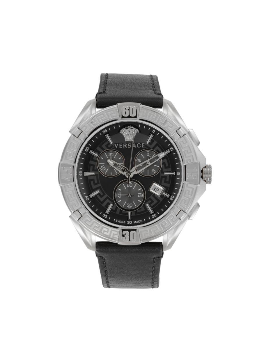 Men's V-greca Chrono 46mm Stainless Steel & Leather Strap Watch In Black Product Image