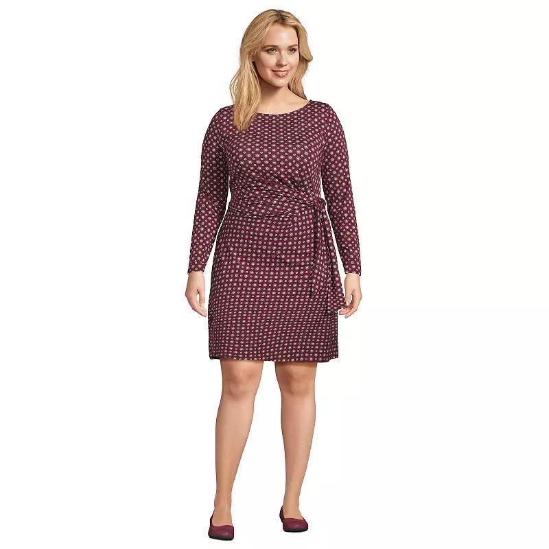 Plus Size Lands End Long Sleeve Lightweight Cotton Modal Boatneck Tie-Waist Dress, Womens Red Geo product image