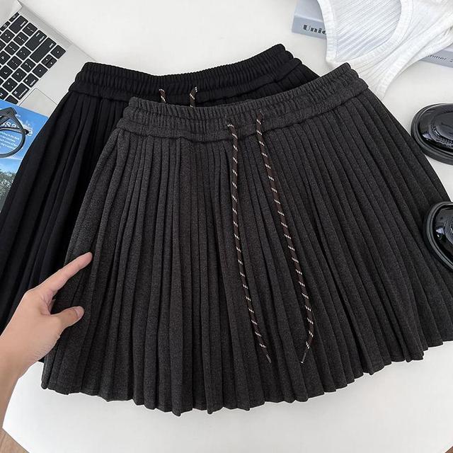 Drawstring Waist Plain Pleated Mini A-Line Skirt Product Image