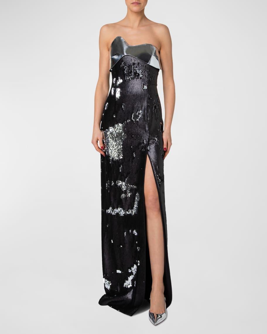 Leather-Wave Strapless Bicolor Sequined Slit Gown Product Image