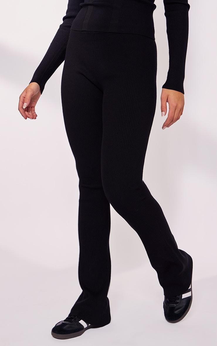 Black Rib Knit Flared Pants Product Image