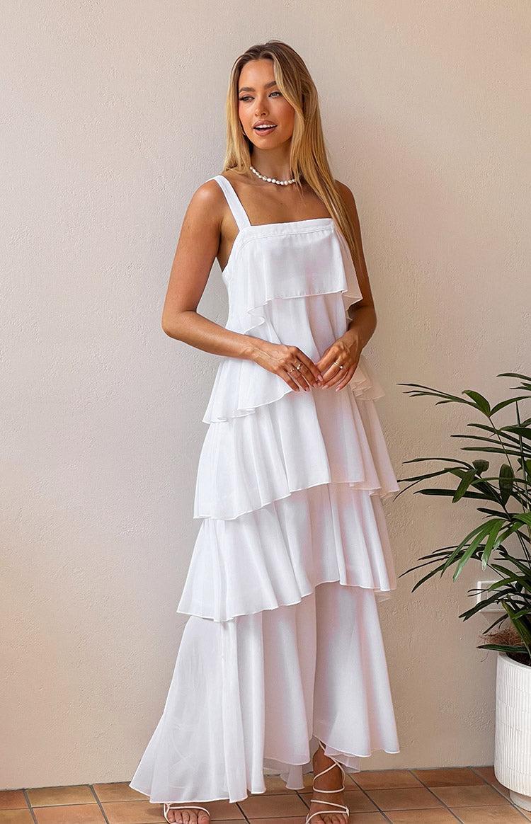 Brielle White Layered Frill Maxi Dress Product Image