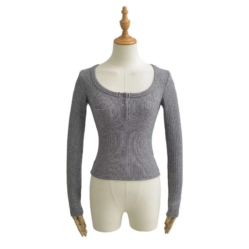 Long Sleeve Scoop Neck Henley Plain Ribbed Cropped Top Product Image