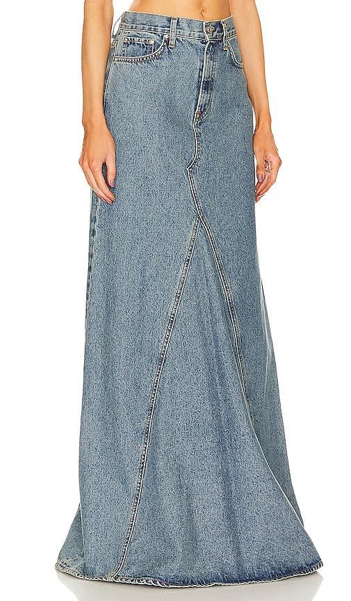 GRLFRND Fiona Godet Maxi Skirt in Blue. Product Image