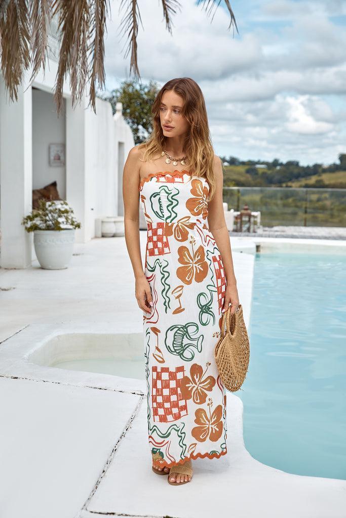 Hawaiian Retreat Strapless Maxi Dress Orange Product Image