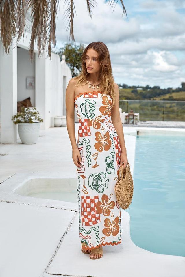 Hawaiian Retreat Strapless Maxi Dress Orange Product Image