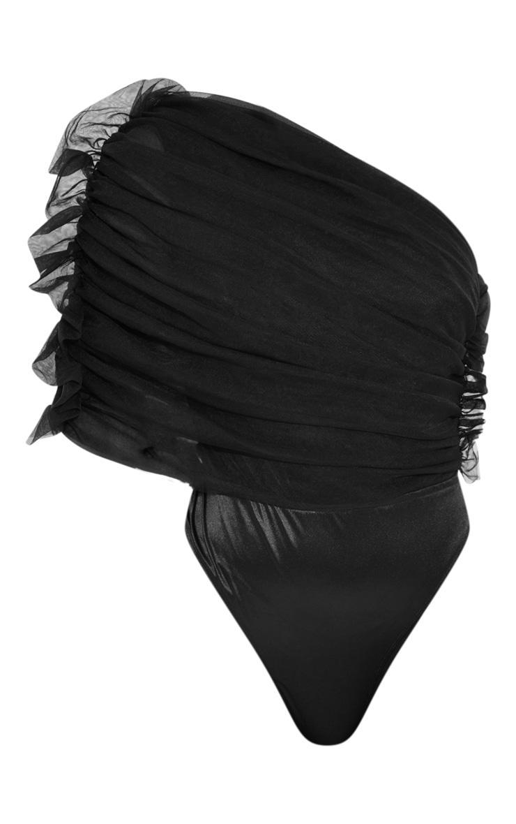 Black Sheer Ruffle One Shoulder Bodysuit Product Image