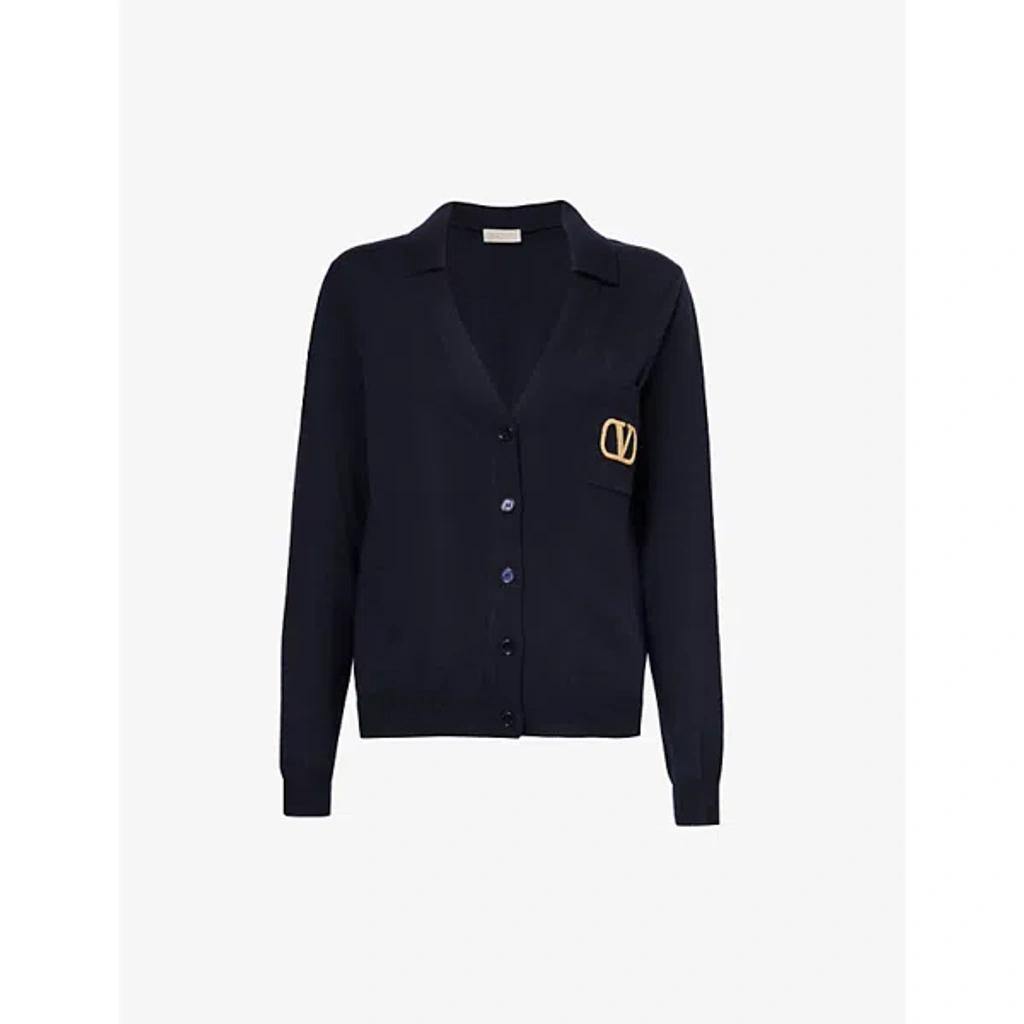 Garavani Womens Navy Brand-patch V-neck Wool Cardigan Product Image