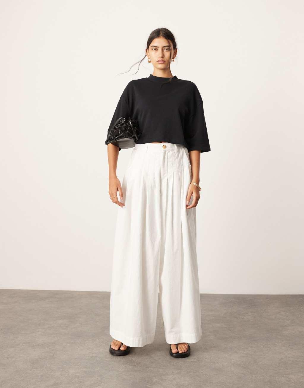 ASOS EDITION ultra wide leg linen mid rise pleat front pants in white Product Image