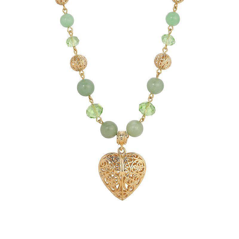 1928 Gold Tone & Green Bead Filigree Heart Pendant Necklace, Womens Product Image