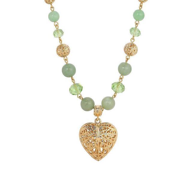 1928 Gold Tone & Green Bead Filigree Heart Pendant Necklace, Womens Product Image