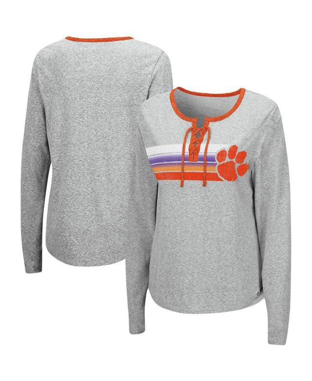 Womens Colosseum Heathered Gray Clemson Tigers Sundial Tri-Blend Long Sleeve Lace-Up T-shirt Product Image