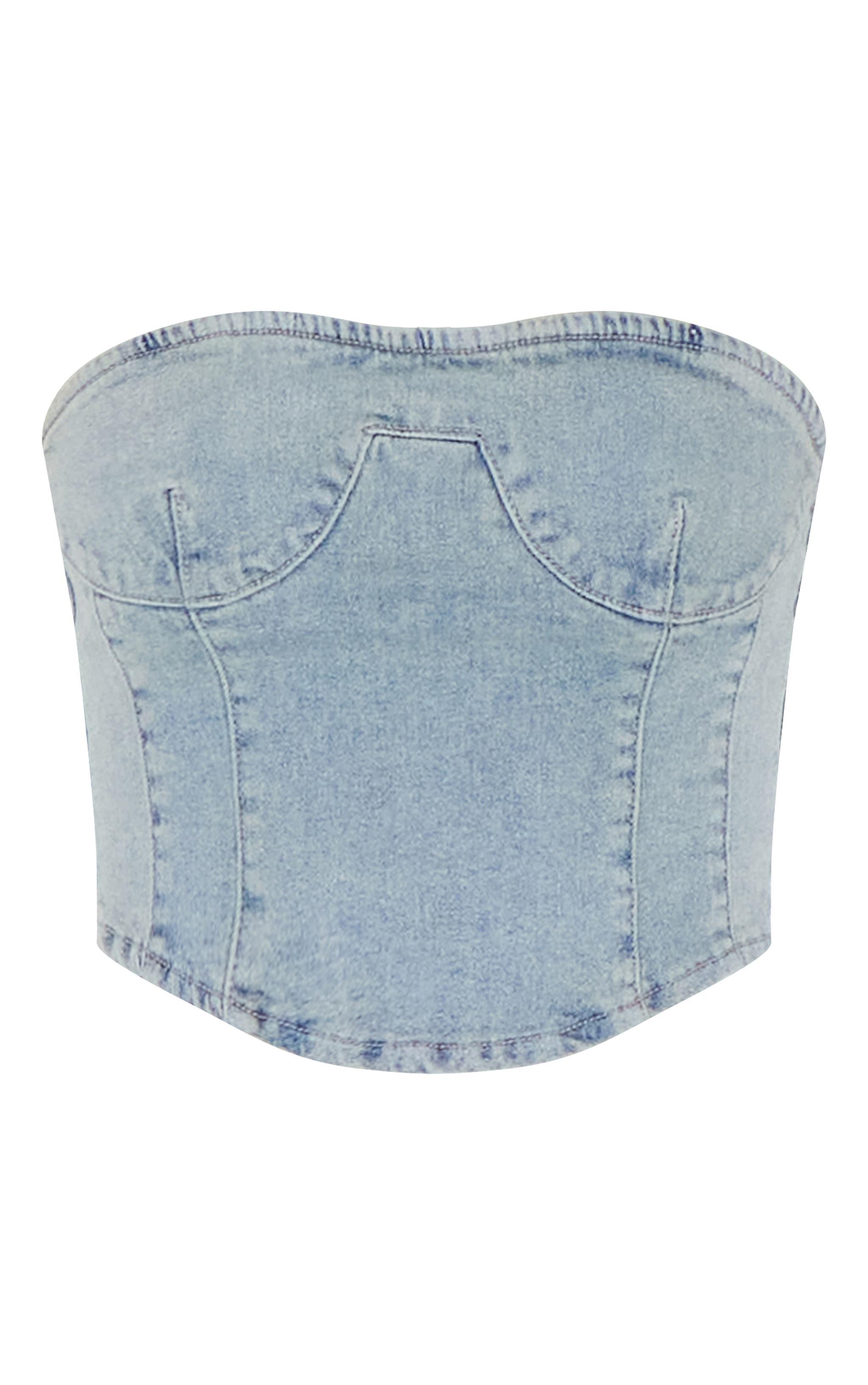 Light Blue Vintage Wash Seam Detail Denim Corset Top Product Image