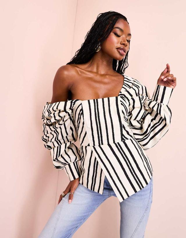 ASOS LUXE cotton poplin exaggerated sleeve top in black and cream stripe Product Image