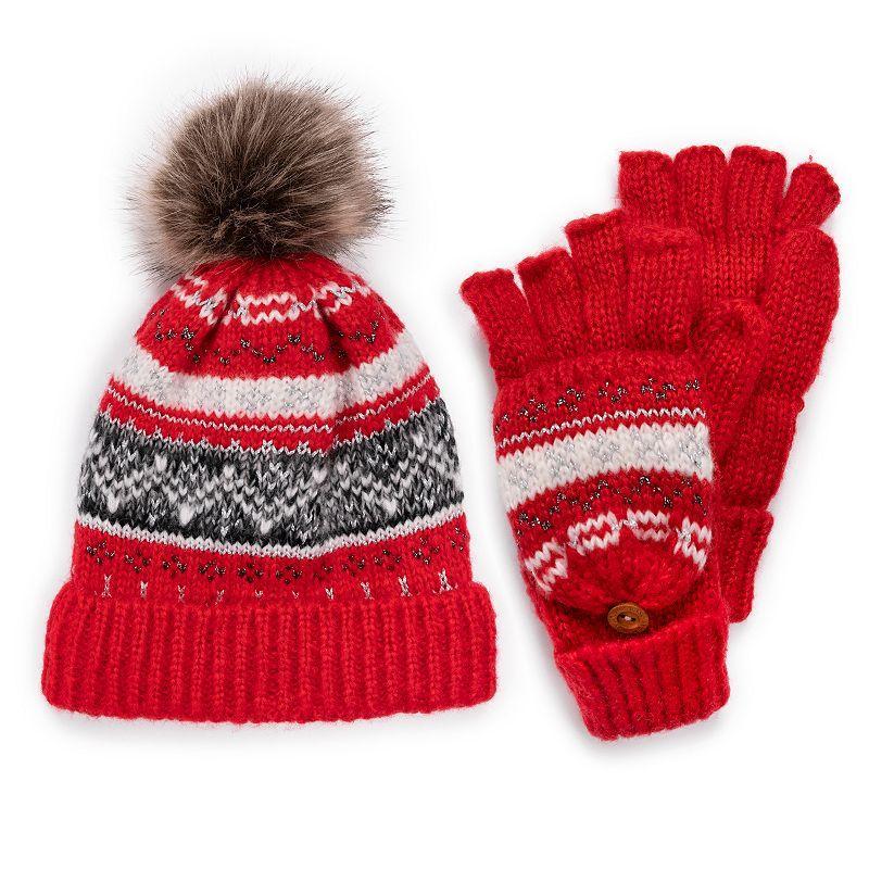 Womens MUK LUKS Fair Isle Pompom Beanie & Flip-Top Mittens Set Product Image