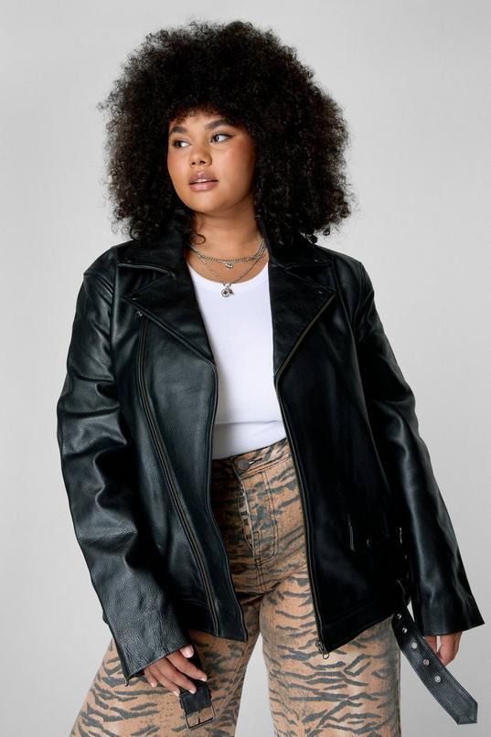 Plus Size Real Leather Boyfriend Biker Jacket Product Image