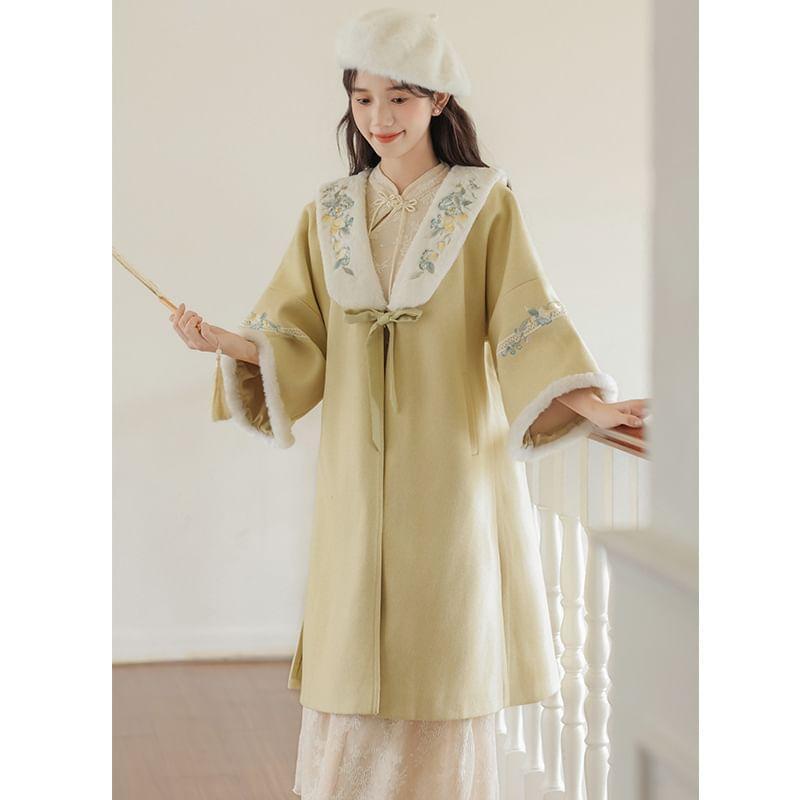 Flared-Sleeve Flower Embroidered Fluffy Trim Midi Coat / Fluffy Scarf / Set Product Image