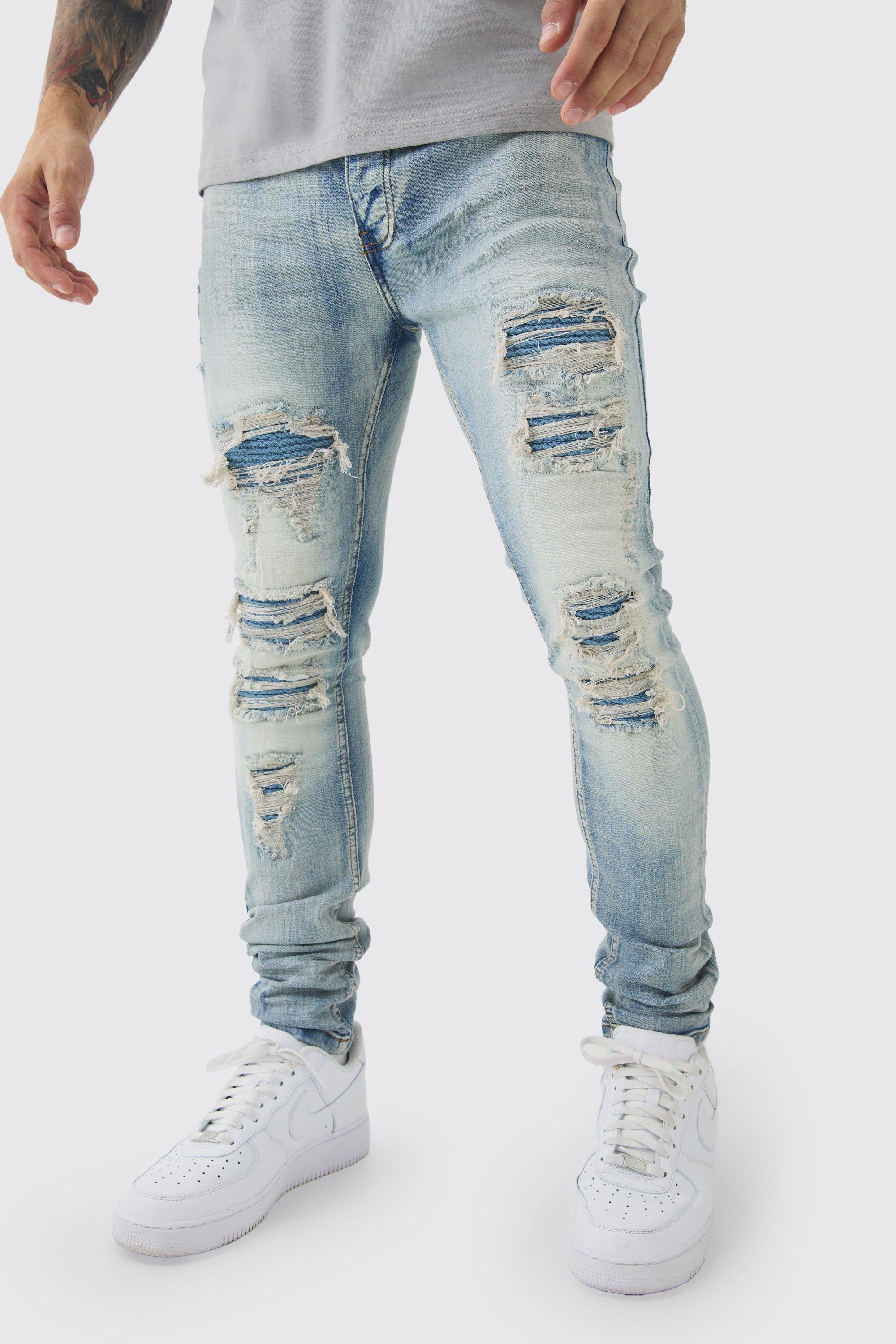 Super Skinny Stretch Pale Blue Biker Rip & Repair Jeans | boohooMAN USA Product Image