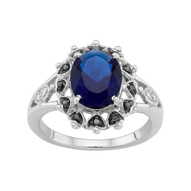 Jewelexcess Sterling Silver Lab-Created Sapphire & Black & White Diamond Accent Ring, Womens Product Image