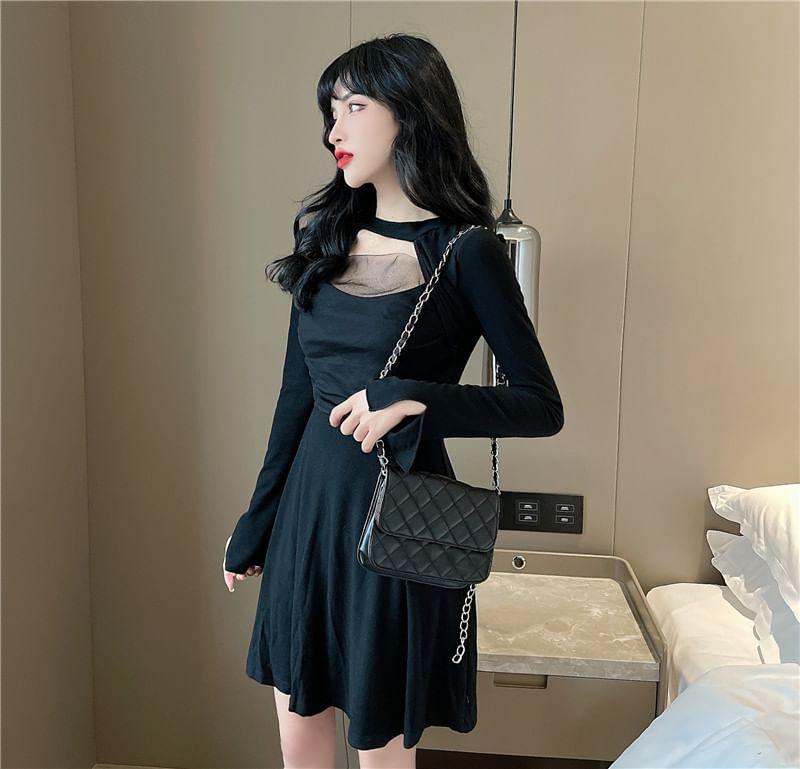 Long-Sleeve Round Neck Plain Cutout A-Line Dress Product Image