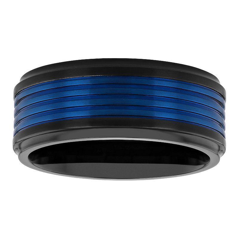 Mens Blue & Black Stainless Steel Grooved Wedding Band Two Tone Product Image