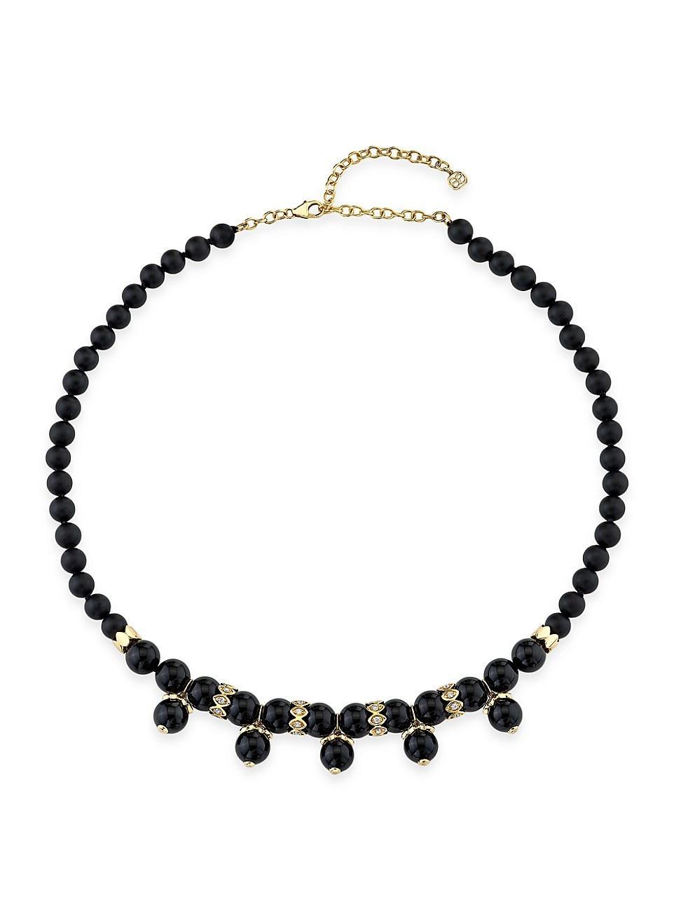 Womens 14K Yellow Gold, Onyx & 0.16 TCW Diamond Beaded Necklace Product Image