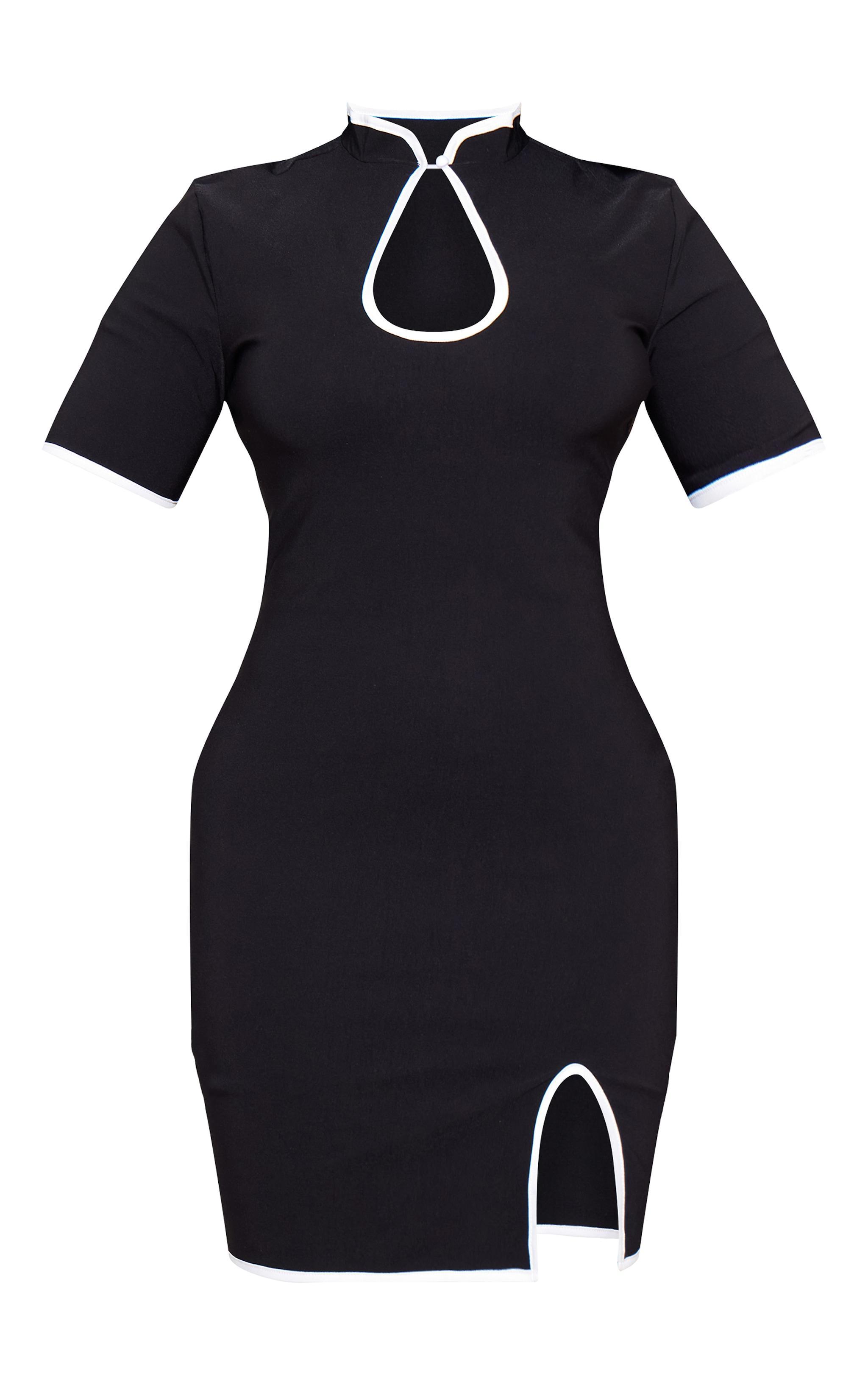 Plus Black Contrast Binding High Cut Out Neck Detail Bodycon Dress Product Image