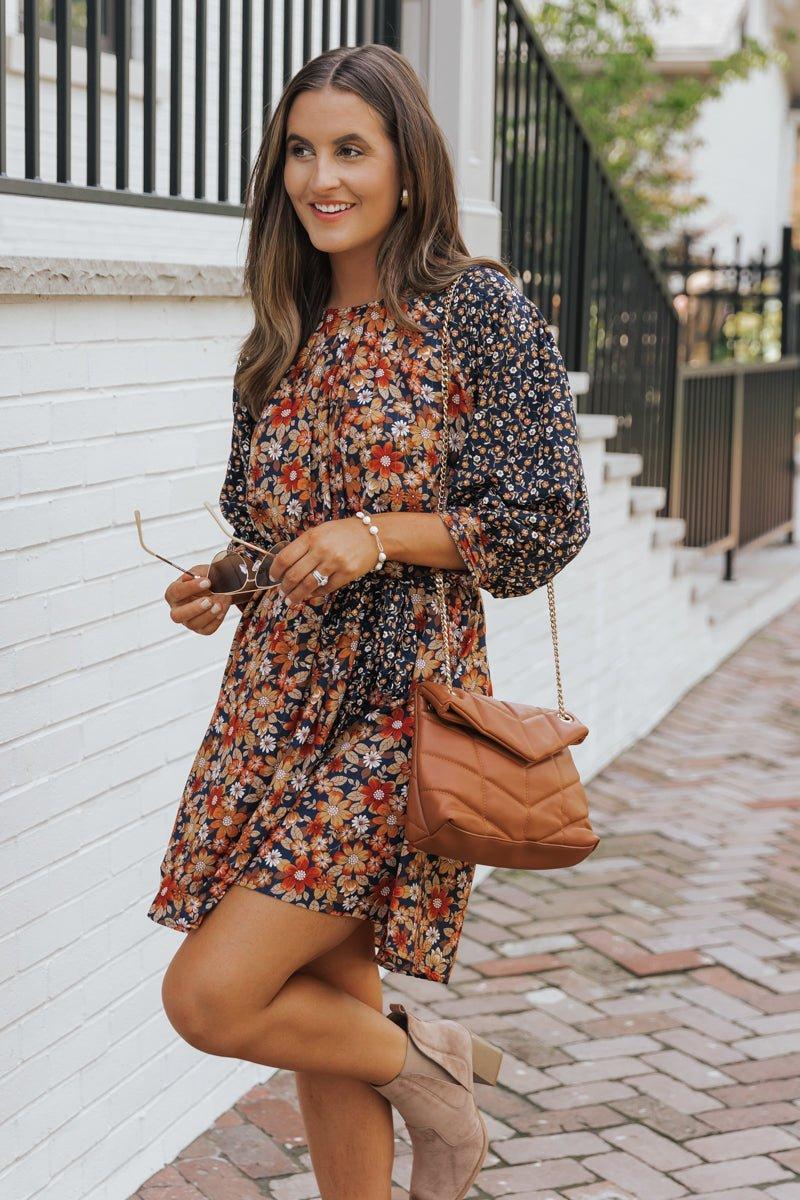 Multi Floral Print Waist Tie Mini Dress Product Image