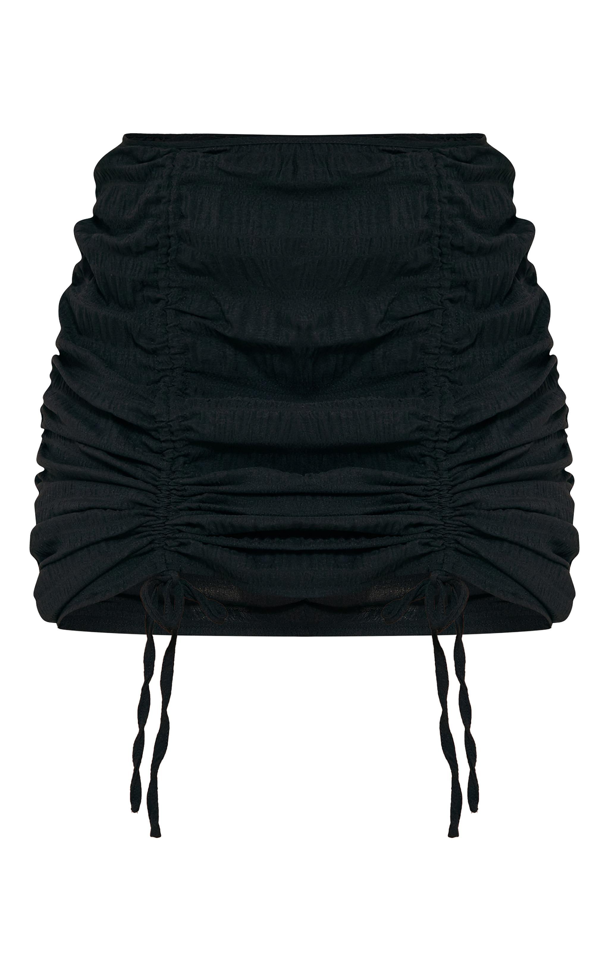 Black Crinkly Woven Ruched Front Mini Skirt Product Image