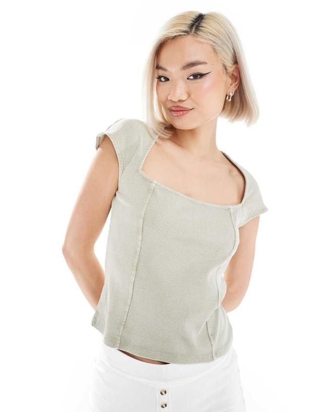 Monki short sleeve square neck top in light khaki washed Product Image