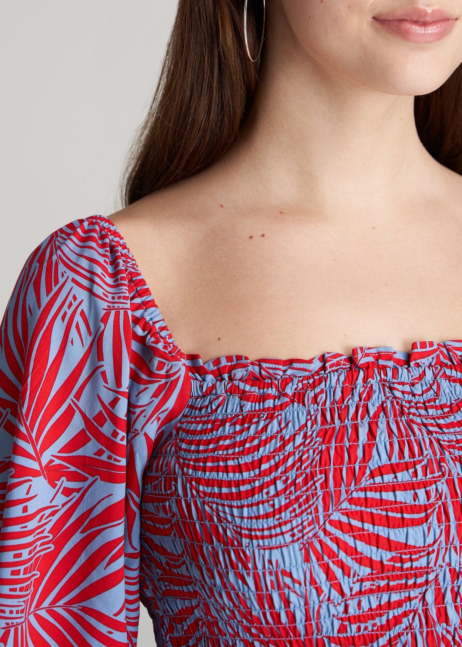 Women's Tall Balloon Sleeve Smocked Blouse in Red & Blue Tropical Print Product Image