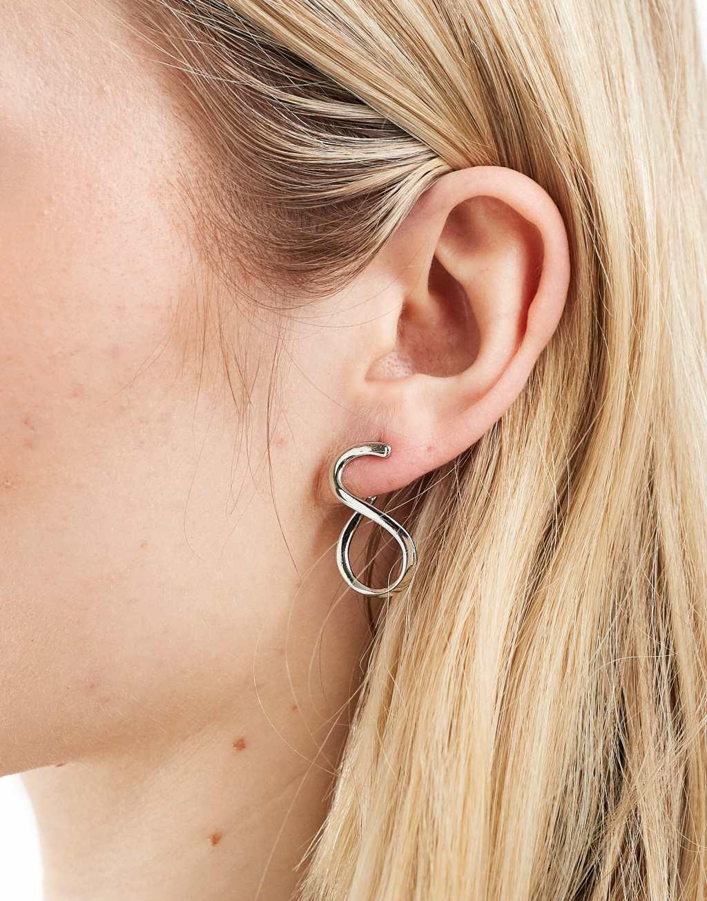 ASOS DESIGN hoop earrings with back and front clicker wiggle design in silver tone Product Image