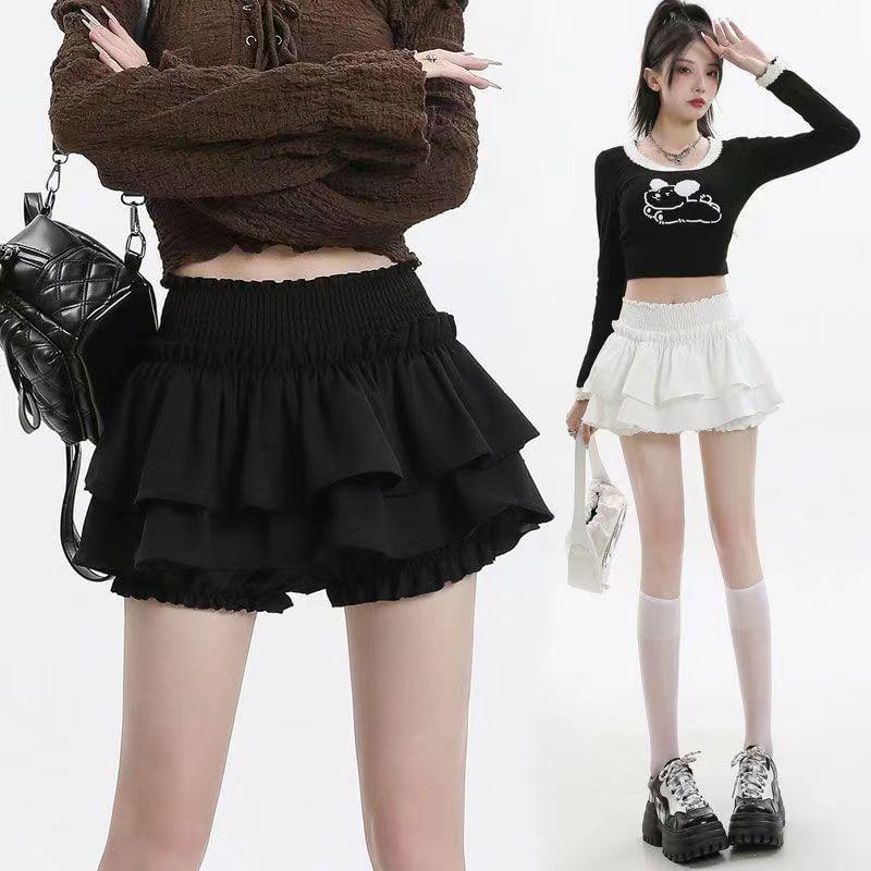 High Waist Plain Ruffled Mini A-Line Layered Skirt product image