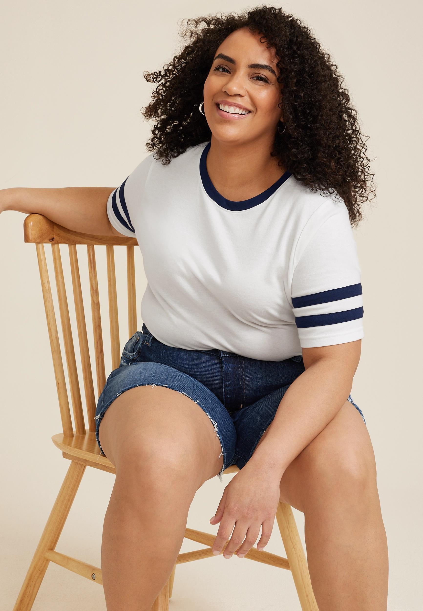 Maurices 2X Plus Size Womens Americana Varsity Striped Crew Neck Tee White product image